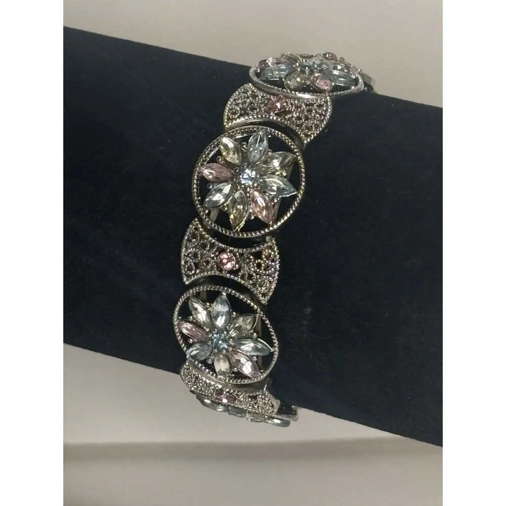 Vintage Silver Tone Pastel Rhinestone Stretch Bracelet